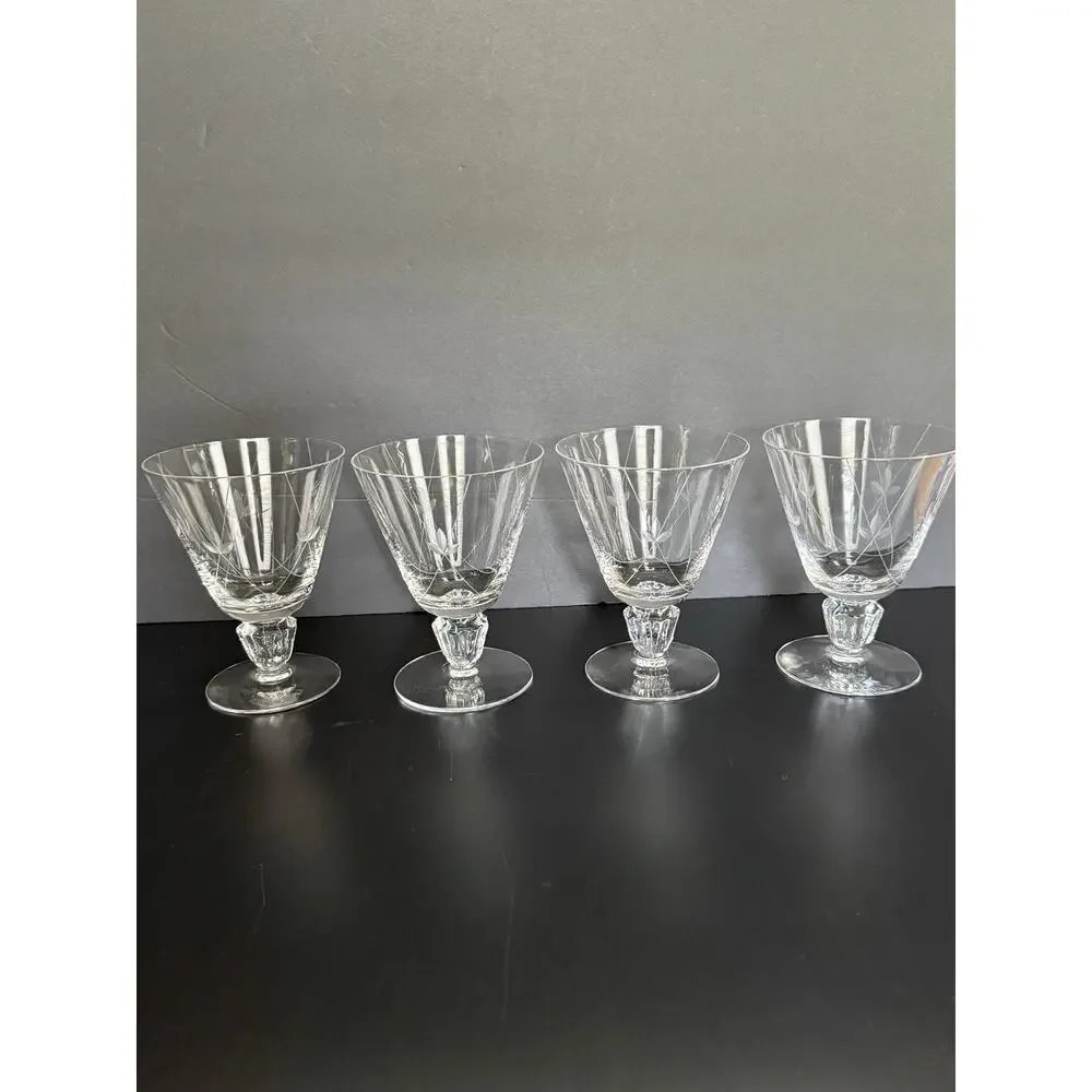 Vintage Fostoria Crest Crystal Etched Stemmed Glasses Set of 4 MCM